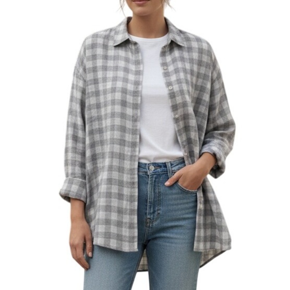 J. Jill Gray Plaid Button Down Shirt Oversized Relaxed Fit w/pockets L